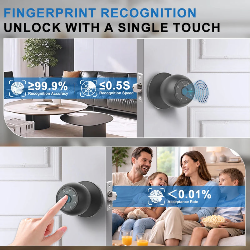YFK Tuya Smart Door Knob 6 Ways Unlock Fingerprint Password NFC Card Physical Key Anti-peep Lock for Bedroom Office Rental House