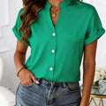 European Style Simple V-Neck Blouse for Women - Summer Short-Sleeved Loose-Fitting Slimming Professional Business Shirt