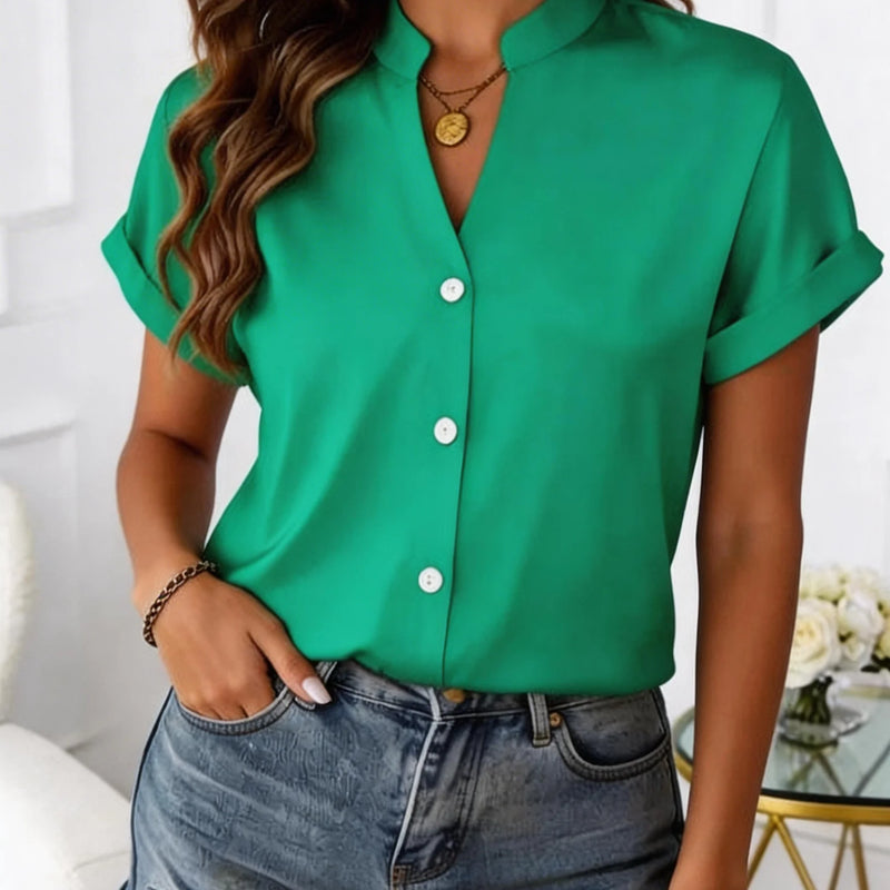 European Style Simple V-Neck Blouse for Women - Summer Short-Sleeved Loose-Fitting Slimming Professional Business Shirt