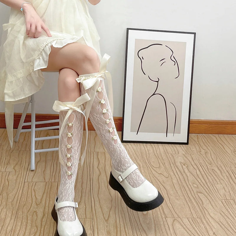 Girls Sweet Stockings Sexy Lace Mesh Fishnet Stockings Knee High Socks Flower Hollow Out Bandage Bow JK Lolita Kawaii Stockings