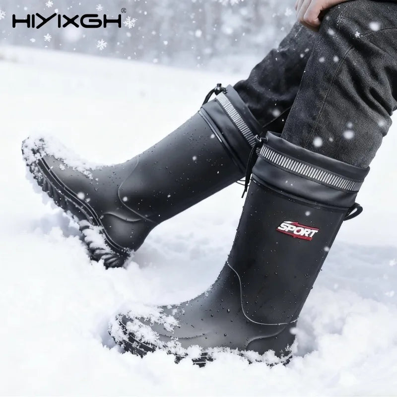 Men's Mid-Calf Plush Lined Rain Boots Waterproof Non-slip Wear-resistant Lightweight Water Shoes for Outdoor Fishing Work
