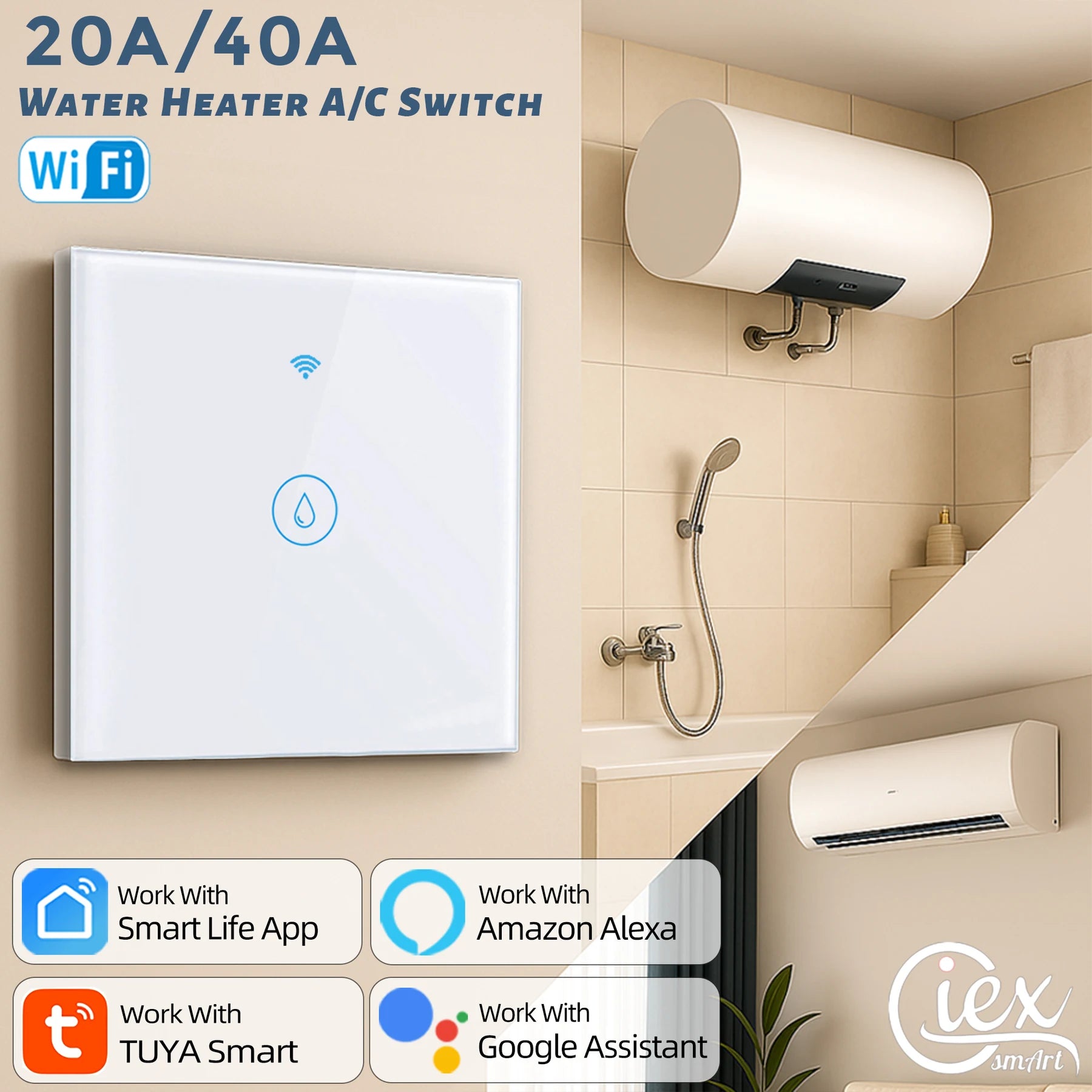 Smart WiFi Boiler Switch 20A/40A for Water Heater & Air Conditioner - Tuya Smart Life App, Works with Alexa & Google Home