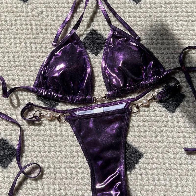PU Leather Pearls Bikini Mini Micro Thong Women Swimwear | SAMAG