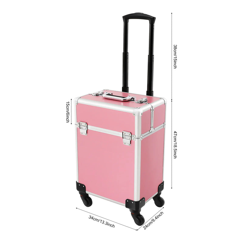 18" Aluminum Makeup Train Case, Rolling Cosmetic Organizer Cart with Key Lock, Large Portable Beauty Storage Suitcase for Professional Travel Salon