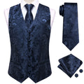 Hi-Tie Navy Blue Mens Vest Formal Paisley Waistcoat Jacket Tie Handkerchief Cufflinks Set For Male Dress Suit Wedding Party