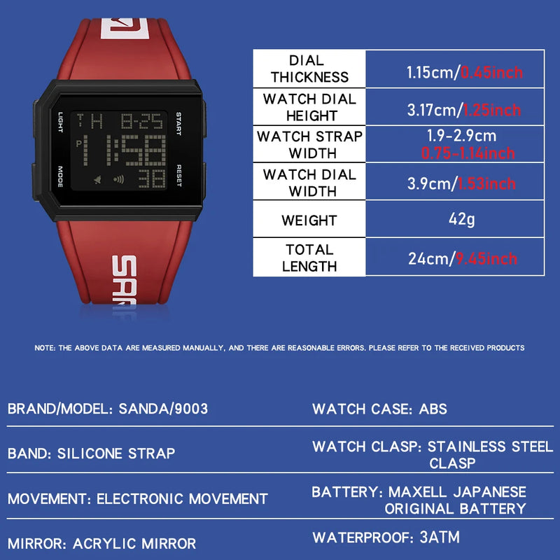 SANDA New Mens Watch Led Digital Display Date Wristwatch Square Dial Chronograph Man Sport Outdoor Electronic Watches