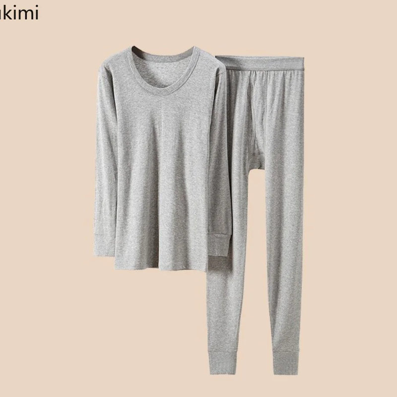 100% Pure Cotton Thermal Underwear Sets Autumn Winter Men's Solid O-neck Tops+Pants Underwear Two Piece Sets Men Long Johns Sets