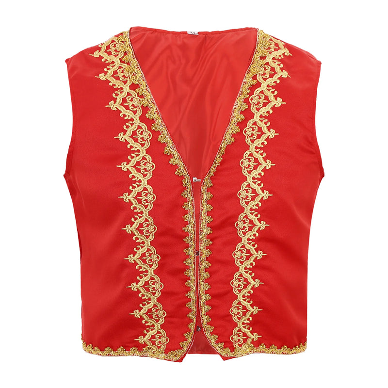 Mens Steampunk Victorian Vest Gothic Vintage Gold Trims Embroidery Medieval Sleeveless Waistcoat Jacket Vest Halloween Costumes