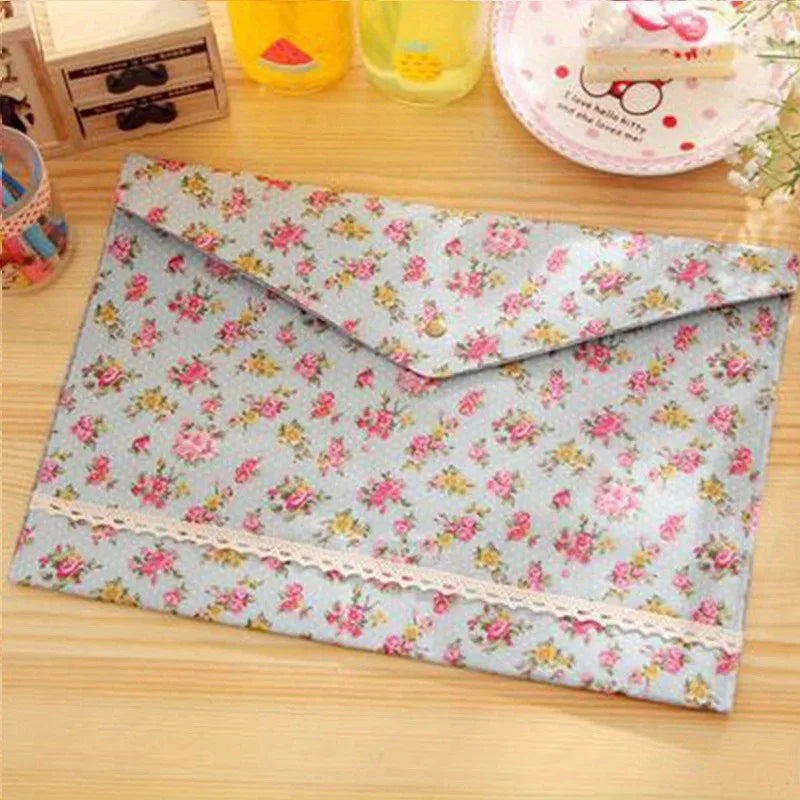 1PC A4 File Folder Elegant Little Flowers Fabric Paper Holder Floral Large Capacity Document Bag Filing Briefcase Organizer Bag