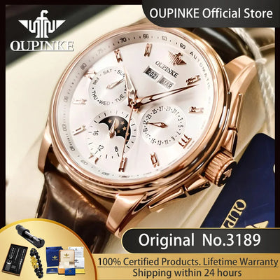 OUPINKE 3189 Automatic Watch for Men Genuine Leather Strap Waterproof Moon Phase Man Watches Luxury Mechanical | SAMAG