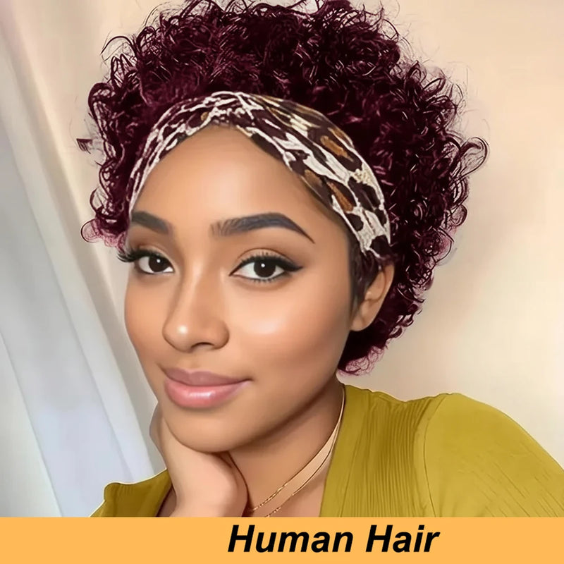 Headband Short Pixie Cut Wigs Human Hair for Women Curly Wigs Water Wave Bazilian Hair Full Machine Made Cap for Daily Wear