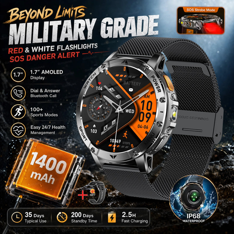 2026 New Military TANK 1400mAh Battery Smart Watch IP68 Waterproof LED Flashlight Heart Rate Sports tracker SOS Smart Watch Men