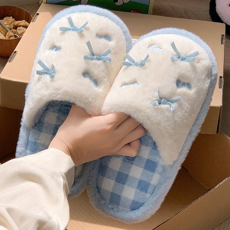 Bow Fluffy Women's Home Slippers Winter Luxury Designer Woman Shoes Fashion Plush Indoor Flats Cartoon Casual Fuzzy Fur Slides