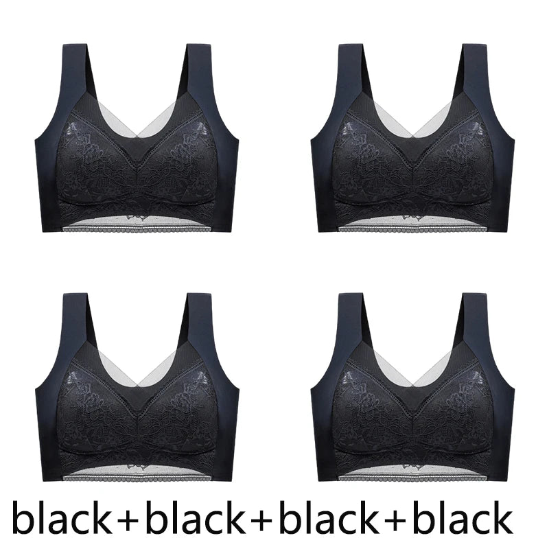 FallSweet 4PCS Plus Size Ice Silk Bra for Women Seamless Push Up Bralette Wireless Lace Brassiere Summer Underwear Lingerie Tops