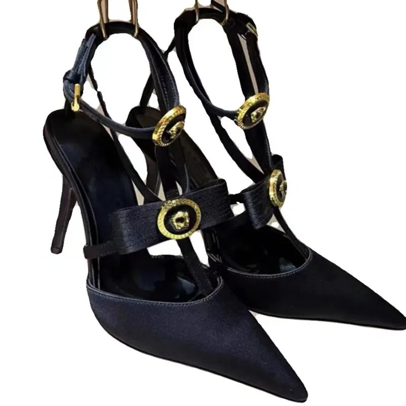 2025 New Bow Tie Thin Heel Pointed Toe Sexy Roman Straight Strap High-heeled Sandals for Women