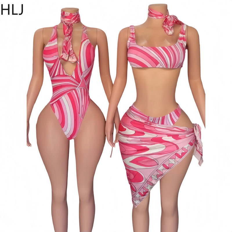 HLJ Sexy Women Pink Abstract Print One Piece Swimsuit | SAMAG