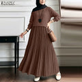 ZANZEA Women Modest Plisse Maxi Dress O-Neck Long Sleeve | SAMAG