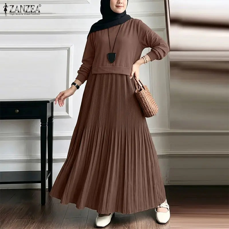 ZANZEA Women Modest Plisse Maxi Dress O-Neck Long Sleeve | SAMAG