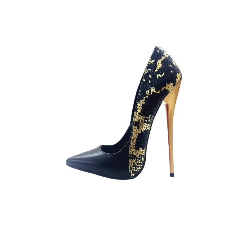 Autumn new pointed shallow mouth shoes, fine heels, high-end feel, snake pattern, sexy high heels, plus size women's shoes