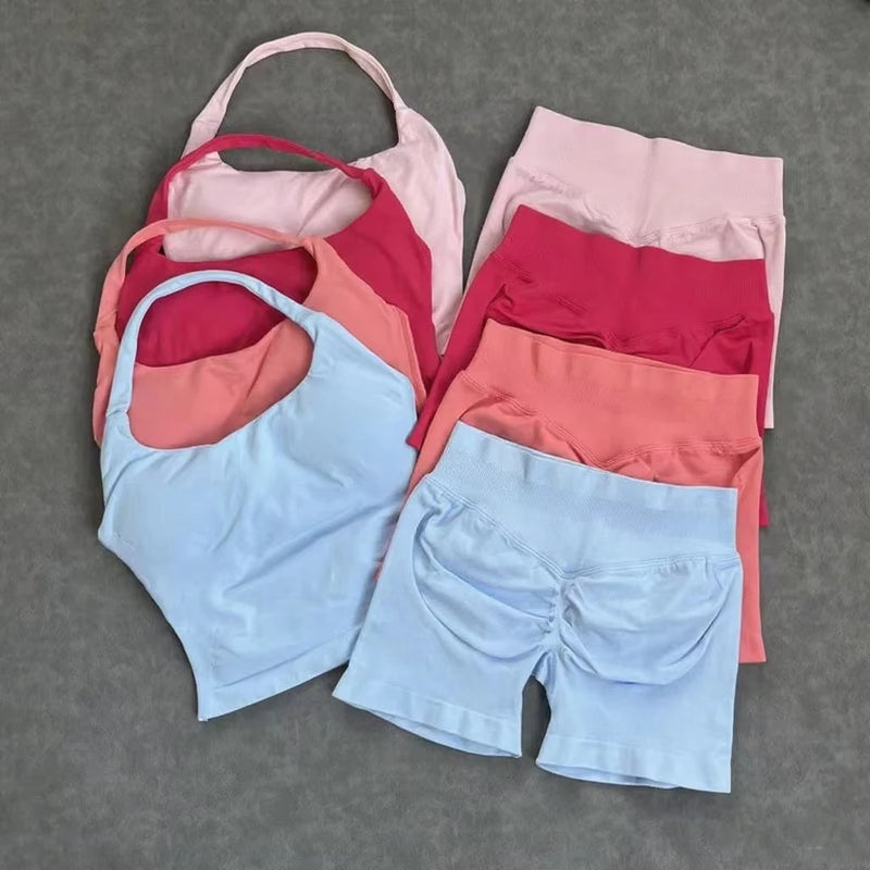 1-2pcs Gym Set Women Backless Tank Tops High Waist Scrunch Seamless Shorts High Waist Yoga Leggings Workout Sets Gym Suit
