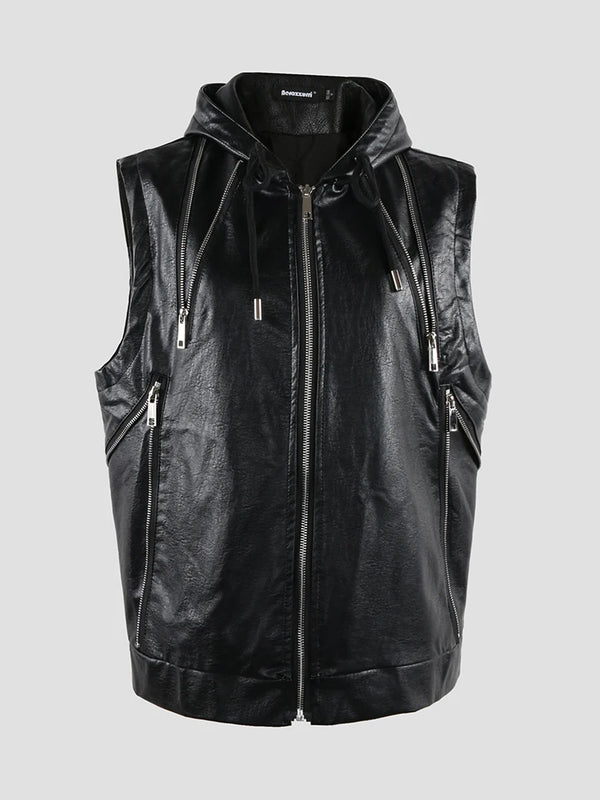 Nerazzurri Summer Autumn Short Black Blue Pu Leather Vest Men with Hood Zipper Luxury Designer Sleeveless Jacket Unisex Clothes