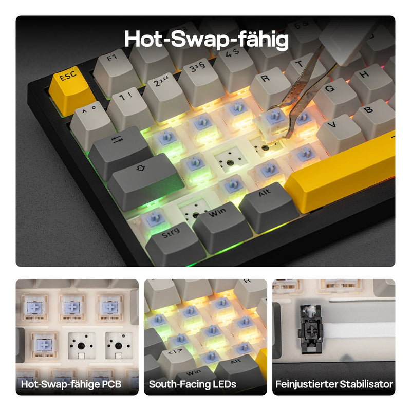 ISO-DE Layout AJAZZ AK820 PRO 75% QWERTZ German Layout Gasket Wired/Bluetooth/2.4G Wireless Mechanical Keyboard for Win/Mac
