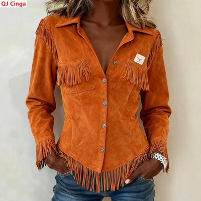 Women's Orange Long - sleeve Collared Shirt, Made | SAMAG