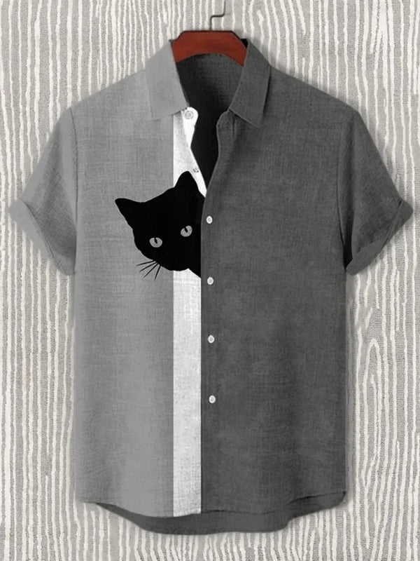 Men's Fun Hide-and-Seek Black Cat Print Shirt, Summer | SAMAG