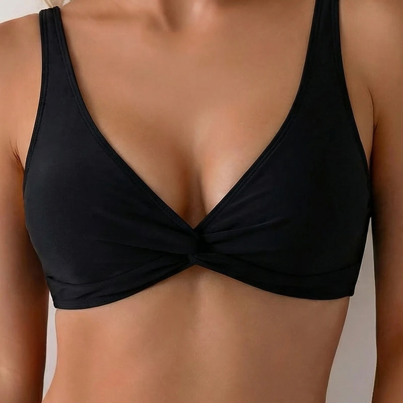 Black Twist Front Bikini Set Women V Neck Two Piece | SAMAG
