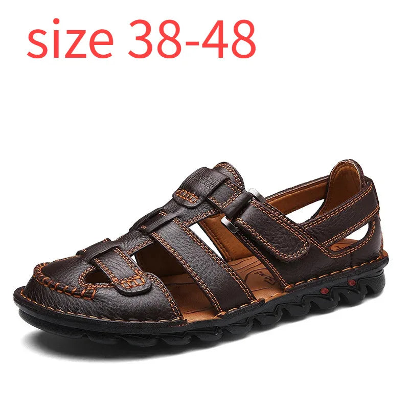 Men's Genuine Leather Sandals 2026 Summer Anti-slip Outdoor Beach Shoes Toe Cap Top Layer Cowhide Men Sandals Large Size 38-48