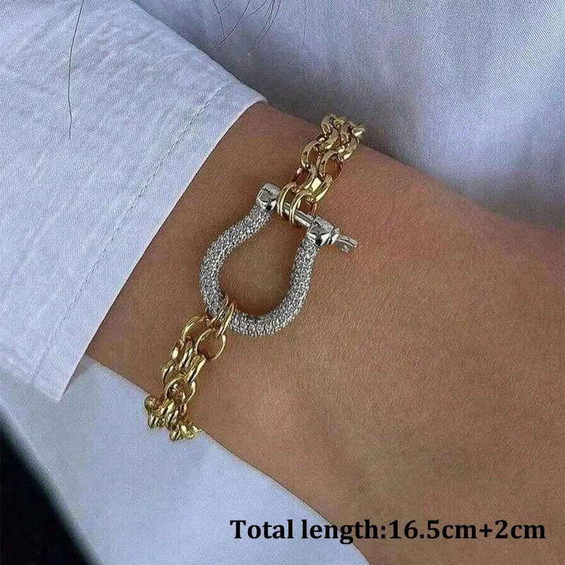 1PC Luxury Gold& Silver Horseshoe Bracelet,Chunky Chain Bracelet,Stainless Steel Chain,Unique Bracelet, for Daily & festival