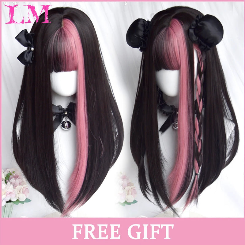 LM Medium Length Pink Cosplay Wig Heat Resistant Costume Party Synthetic Wigs 2 Clip On Ponytail 7 Colors