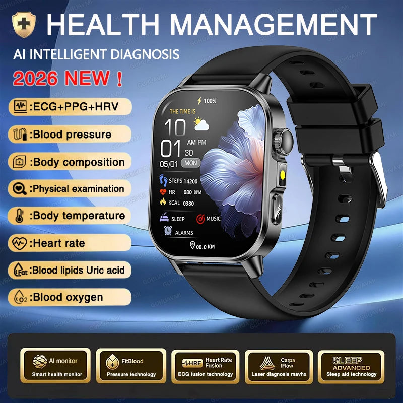 New Men Accurate Health Diagnosis ECG Smart Watch Blood Pressure Blood Oxygen Blood Fat Uric Acid Temp Bluetooth call Smartwatch