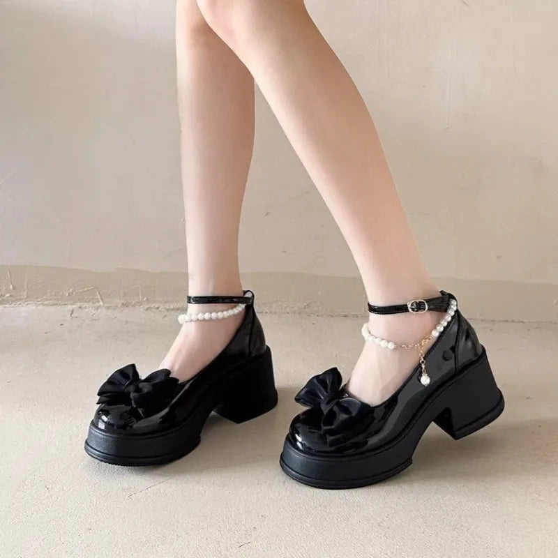 Fashion Versatile Bow Decor Round Toe High Heel Shoes for Women 2026 New Pearl Chain Solid Thick Heel Casual Comfort Single Shoe