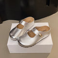 Summer Women Metallic Round Toe Mary Jane Hook & Loop Strap Mules Clogs Non Slip Casual Flats Sandals Slippers Shoes for Ladies
