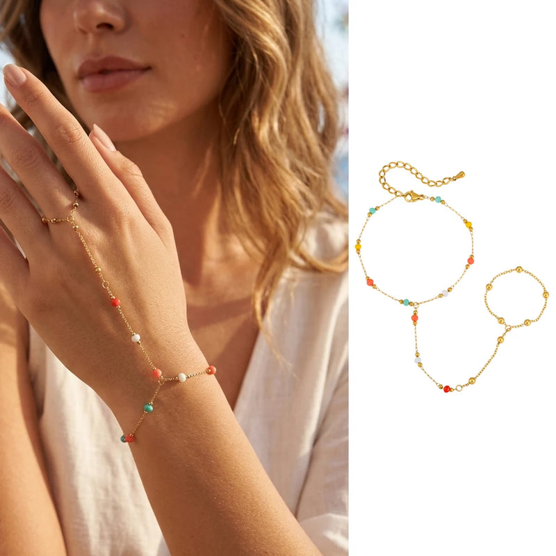 Bohemian Bead Slave Bracelet, 18K Gold Plated Stainless Steel, Waterproof Hand Chain Finger Ring Bracelet Jewelry for Women