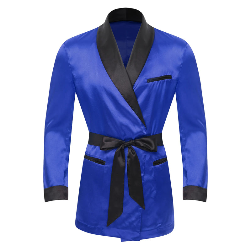Mens Sleepwear Jacket Robe with Belt Pajamas Top Lapel Long Sleeve Side Pockets Satin Shirt Kimono Bathrobe Nightwear Loungewear