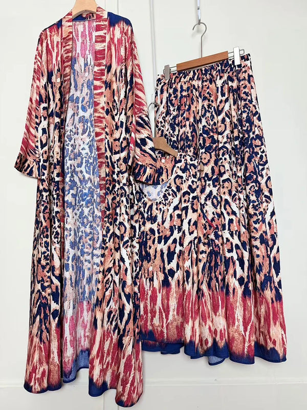 Design retro positioning printed long cardigan+vest three piece set for spring women's clothing+loose pants skirt fashion set