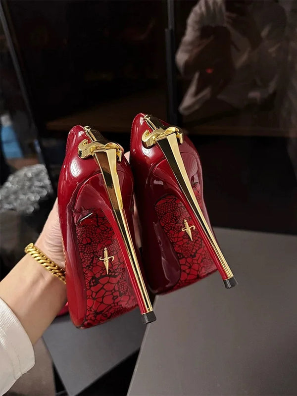 Red Bottom Metal Wand Sexy Sword Pointed Toe Thin Heel Evening Single High Heel Printed Bottom Comfortable Wear Ultra High Heels