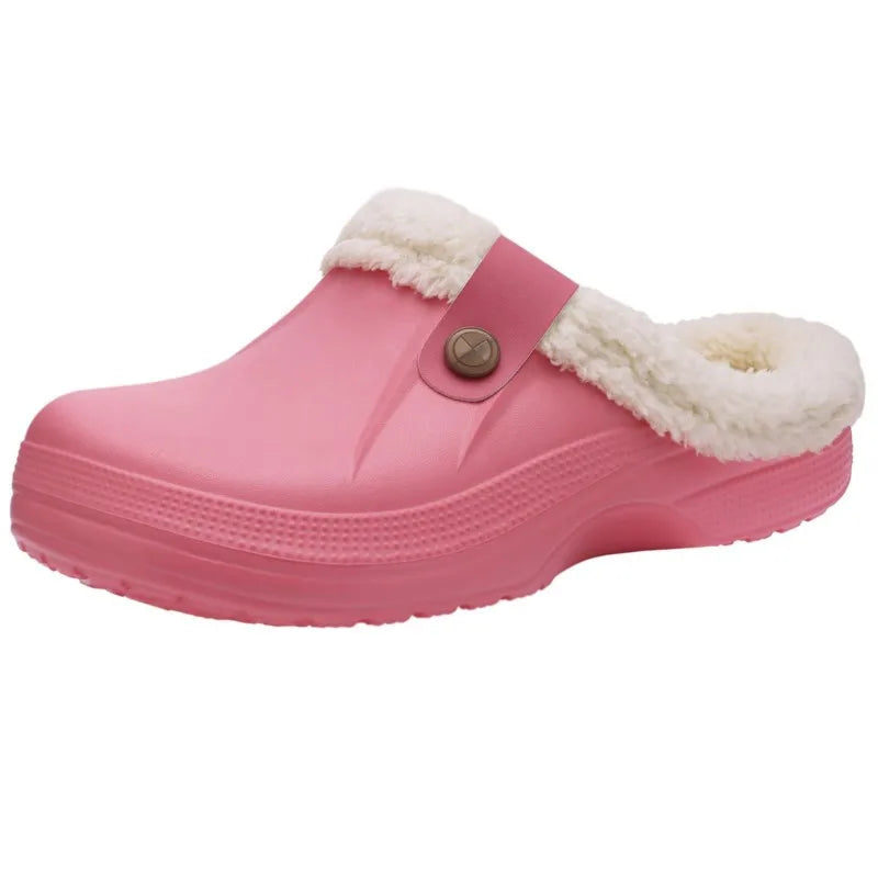 Smile Winter Fur Lined Clogs Women Fuzzy Slippers Men Warm House Slippers Adult Outdoor Waterproof Slippers Comfort Garden Clogs