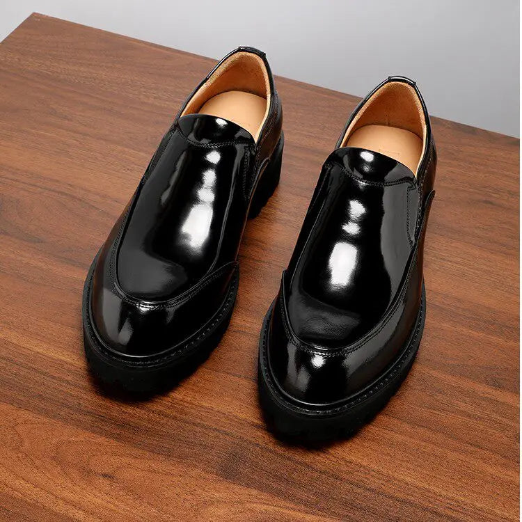Genuine Cowhide Leather Loafers for Men Glossy Slip on Thick Sole Elevator Formal Casual Dress Shoes for Summer