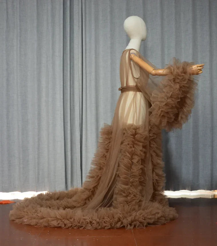 Women Dressing Gown Perspective Sheer Long Tulle Robe Puffy Pregnancy Maternity Dress for Baby Shower Nightgown Sleepwear Custom