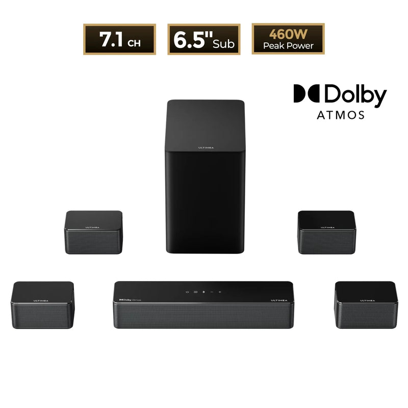 ULTIMEA Poseidon D80 Boom 7.1ch Soundbar with Dolby Atmos, the Upgraded Wireless Subwoofer & 4 Surround Speakers, APP Control