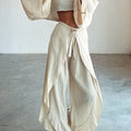 Fashion Flare Sleeve Hollow 2pcs Women Casual Solid Cotton Linen Suit Y2k Summer O Neck Crop Top+Lace-up Ruffle Pants Outfit