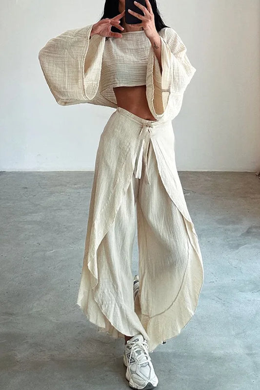Fashion Flare Sleeve Hollow 2pcs Women Casual Solid Cotton Linen Suit Y2k Summer O Neck Crop Top+Lace-up Ruffle Pants Outfit