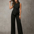Women's Black Two Piece Set Sleeveless Round Neck Tie Asymmetric Hem Top Wide Leg Pants Set Spring Summer Office Elegant Outfit