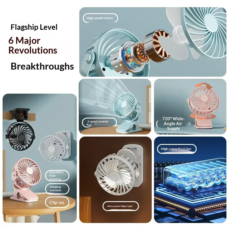 Rechargeable Portable Rechargeable Clip Fan 720°Rotatable Hanging Fan Cooler For Easy Portability Outdoor Office Small Fan 2026