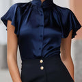 Women's Short Sleeve Satin Blouse Stand Collar Ruffle | SAMAG