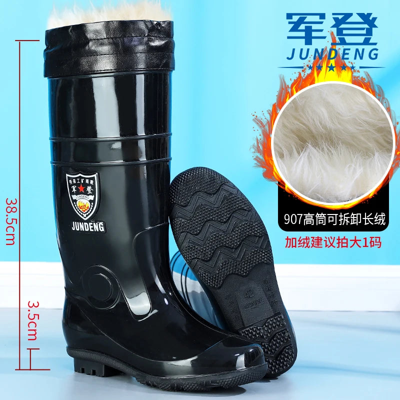 Large Size Men's Rain Boots High Tub Waterproof Anti-slip Work Site Rubber Shoes Fleece Lined Durable Plastic Outsole