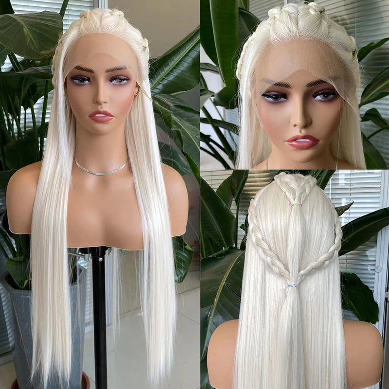 AIMEYA Pre Braided Platinum Blonde Wig13x4 Lace Front Wigs for Women Heat Resistant Synthetic Hair Daily Wear Cosplay Party Wigs